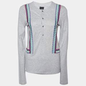 Just Cavalli Grey Embroidered Cotton Knit Button Front Round Neck T-Shirt L