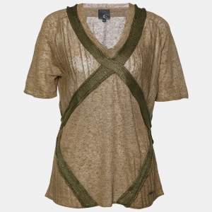 Just Cavalli Brown Linen Knit Contrast Trim Detail T-Shirt XL