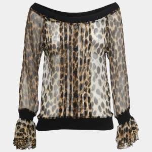 Just Cavalli Black/Brown Animal Printed Silk Off-Shoulder Top M