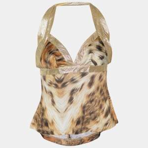 Just Cavalli Brown Animal Printed jersey & Trim Detail Cami Top S