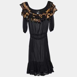 Pre Owned Just Cavalli Black Printed Silk Tiered Midi Dress M