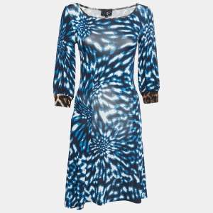 Just Cavalli Blue Printed Jersey Long Sleeve Midi Dress S