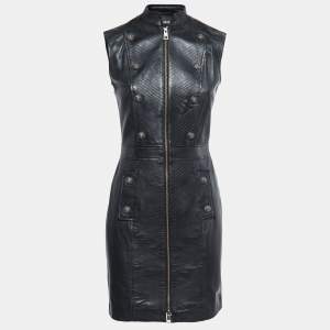 Just Cavalli Black Leather Button Detail Sleeveless Zip Front Short Dress S