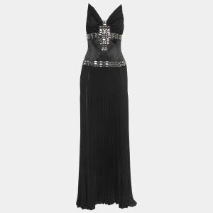 Just Cavalli Black Crystals Embellished Silk Pleated Strappy Long Dress M
