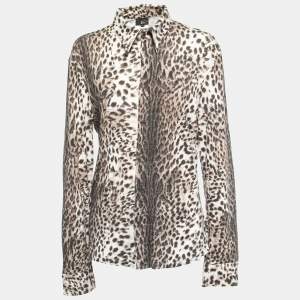 Just Cavalli Beige Leopard Print Knit Button Front Full Sleeve Shirt XL