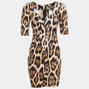 Pre Owned Just Cavalli Black Leopard Print Stretch Knit Mini Dress XS