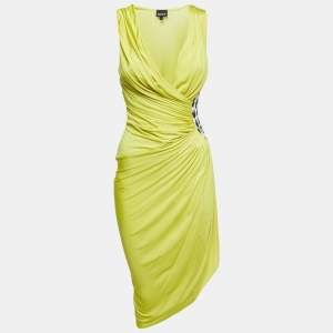 Just Cavalli Yellow Jersey Leopard Print Patch Detail Draped Sleeveless Midi Dress S