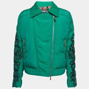 Just Cavalli Green Synthetic Velvet Trim Zip Front Down Jacket L