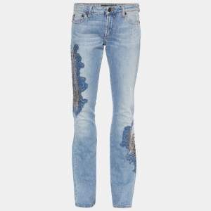 Just Cavalli Blue Denim Rockstud Detail Wide Leg Jeans M