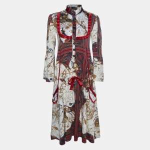 Just Cavalli Cream Printed Knit & Satin Trim Waist Tie Detail Midi Dress S