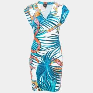Just Cavalli Multicolor Snake Print Stretch Knit V-Neck Short Shift Dress S