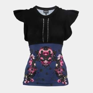 Just Cavalli Black/Blue Floral Printed Knit Top S