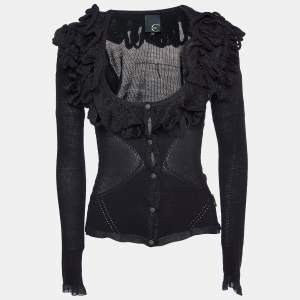 Just Cavalli Black Lurex Wool Knit Ruffled Cardigan M