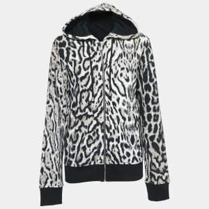 Just Cavalli White/Black Leopard Print Cotton Zip Front Hooded Jacket S