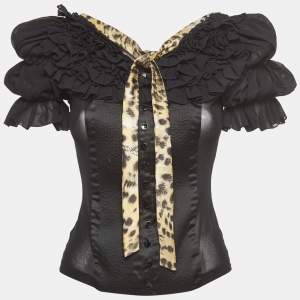 Just Cavalli Black Silk & Satin Ruffled Tie Neck Blouse S