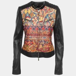 Just Cavalli Black Printed Leather Zipper Jacket M