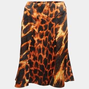 Just Cavalli Orange/Black Animal Print Satin Flared Midi Skirt M