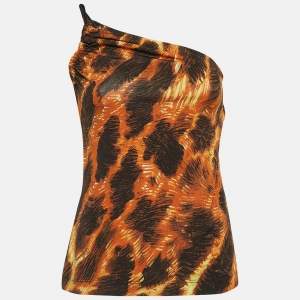 Just Cavalli Brown/Orange Print Jersey One Shoulder Top M