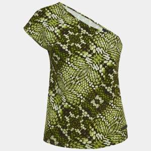 Just Cavalli Green Print Stretch Cotton One Shoulder Top M