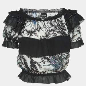 Just Cavalli White/Black Printed Crepe Ruffled Off-Shoulder Crop Top M