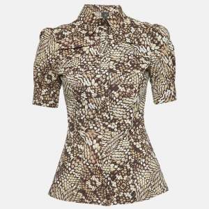 Just Cavalli Brown Printed Cotton Pleated Short Sleeve Shirt S