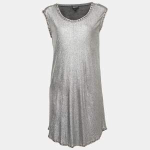 Pre Owned Just Cavalli Metallic Silver Lamé Jersey Metal Embellished Mini Dress S