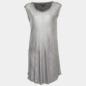 Just Cavalli Metallic Silver Lamé Jersey Metal Embellished Mini Dress S