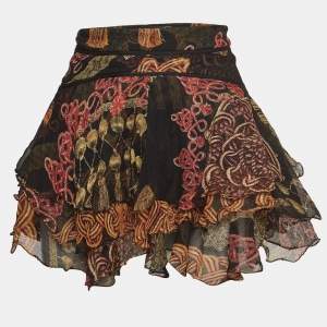 Just Cavalli Brown Tassel Printed Silk Asymmetric Mini Skirt M