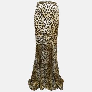 Pre Owned Just Cavalli Brown  Leopard Satin Print Flared Maxi Skirt L