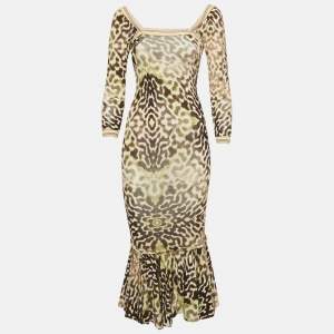 Just Cavalli Green Animal Print Jersey Flounce Midi Dress S