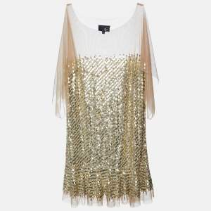 Just Cavalli Gold Sequin and Tulle Flounce Mini Dress M