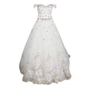 Justin Alexander Signature White Off Shoulder Floral Embroidered Embellished Tulle Wedding Gown M
