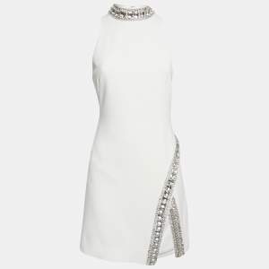 Karen Millen Ivory Crystal Embellished Crepe Slit Detail Mini Dress S