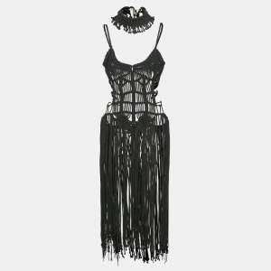 Pre Owned Karima Black Macrame Hand-Crafted Midi Dress M