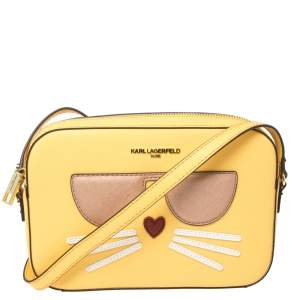 Karl Lagerfeld Yellow Leather Maybelle Choupette Crossbody Bag             