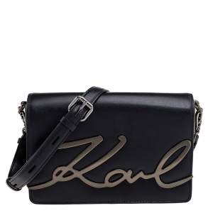 Karl Lagerfeld Black Leather Medium K/Signature Shoulder Bag