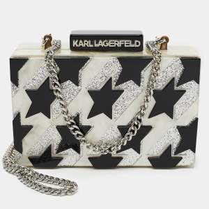 Karl Lagerfeld Black/Silver Marble Effect Glitter Star Chain Box Clutch