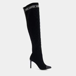 مملوكة مسبقًا Karl Lagerfield Pandora Monogram Ribbed Kneeblack Knit Textile Black Leather Boots
