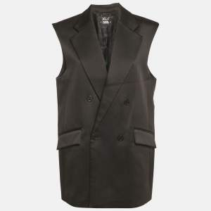 Pre Owned Karl Lagerfeld Black Satin Pleats Detail Tailored Gilet M