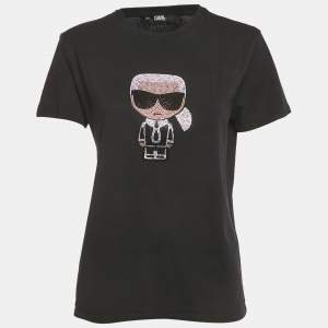 Pre Owned Karl Lagerfeld Black Ikonik Rhinestone Embellished Cotton T-Shirt L 