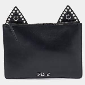 Karl Lagerfeld Black Leather Eyelet Cat Ear Pouch