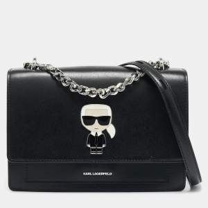 Karl Lagerfeld Black Leather K/Ikonik Flap Chain Shoulder Bag