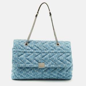 Pre Owned Karl Lagerfeld K/Kuilted Large Blue Denim Jacquard Flap Shoulder Bag