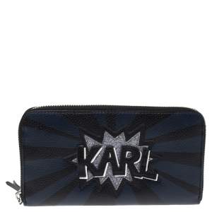 Karl Lagerfeld Black/Blue Leather Zip Around Wallet