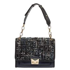 Karl Lagerfeld Blue/Black Leather and Tweed K/Kuilted Flap Shoulder Bag