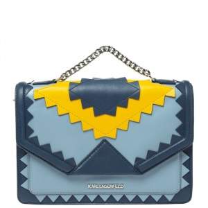 Karl Lagerfeld Blue/Yellow Leather K/Klassik Zigzag Shoulder Bag