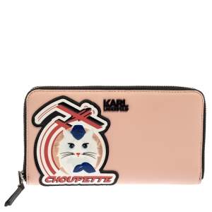 Karl Lagerfeld Pink/Black Leather Choupette Zip Around Continental Wallet 