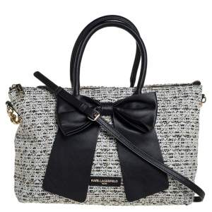 Karl Lagerfeld White/Black Tweed and Leather Kris Bow Tote