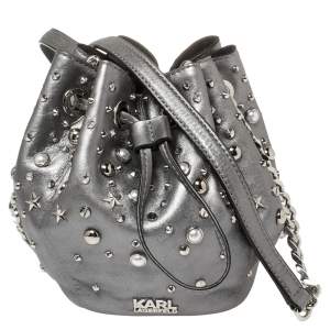 Karl Lagerfeld Metallic Silver Leather K/Rocky Studs Drawstring Bag           