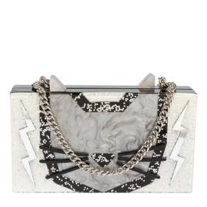 Karl Lagerfeld Black/Silver Glitter Acrylic Choupette Minaudiere Chain Box Clutch